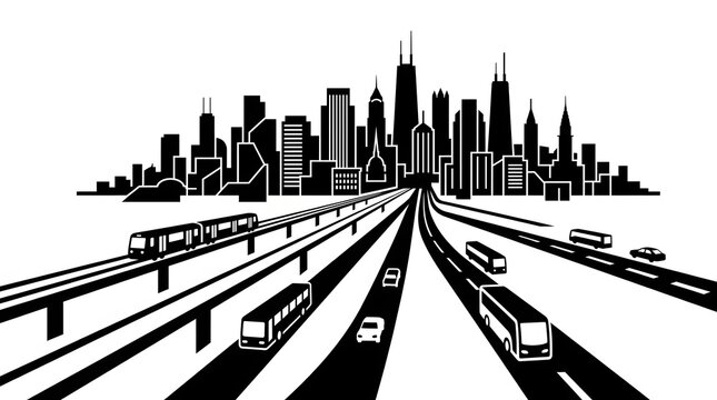 Urban transportation network city skyline with roads trains and buses