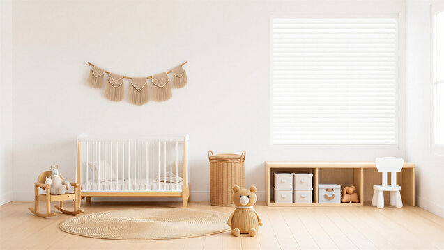 Minimalist baby nursery with wooden crib and neutral boho decor teddy bear minimalist interior