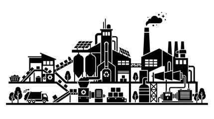 Obraz premium Industrial complex with renewable energy sources black and white illustration