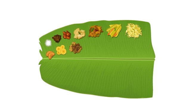 Kerala Onam or Vishu Sadya with Traditional Vegetarian Dishes Served Sequentially on Banana Leaf, Festive Indian Food Culture