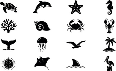 Set of black silhouette marine animal icons for underwater biology and oceanic graphic design with wildlife collection silhouettes starfish seahorse seashell jellyfish creature © tecna