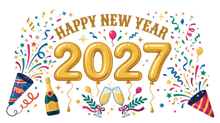 Fototapeta premium Happy New Year 2027 Celebration Banner with Golden Balloon Numbers, Confetti Champagne, and Party Decorations