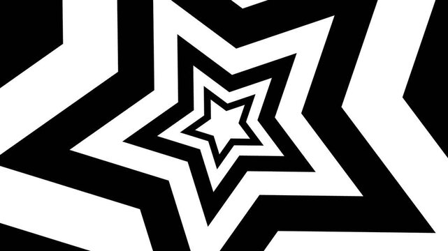 Black and white abstract geometric star pattern continuously shifting and transforming in a hypnotic optical illusion tunnel for a modern dynamic motion graphic design background loop