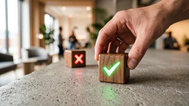 Hand placing a wooden block with a glowing green check mark next to a block with a red cross in a modern office setting