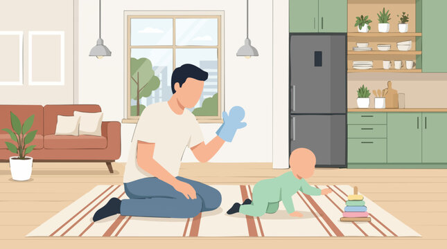 Father playing with baby at home, man entertaining infant with puppet and toy