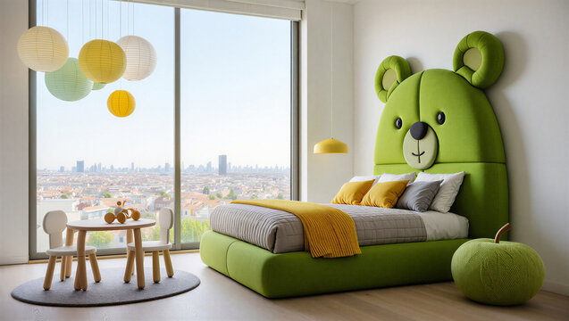 Modern children bedroom with bear shaped headboard and city skyline interior furniture childhood