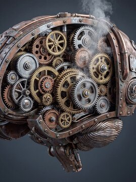 A mechanical steampunk brain made of many gears as a symbol of analytics