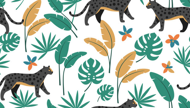 Seamless pattern with leopards walking among lush tropical leaves and colorful exotic flowers on a white background for summer textiles.