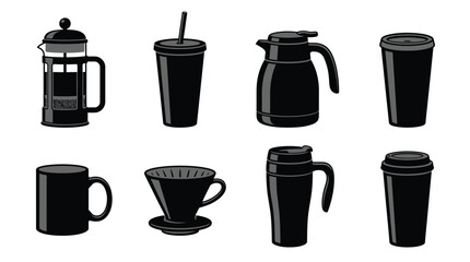 Obraz premium Collection of black vector coffee equipment icons displayed as a set of flat graphic design elements