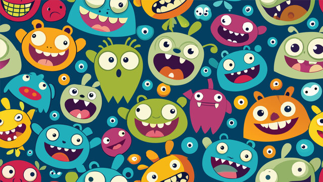 Seamless pattern background featuring colorful cute cartoon monsters with funny faces seamless monsters colorful creatures background expressive whimsical repeating wallpaper illustration