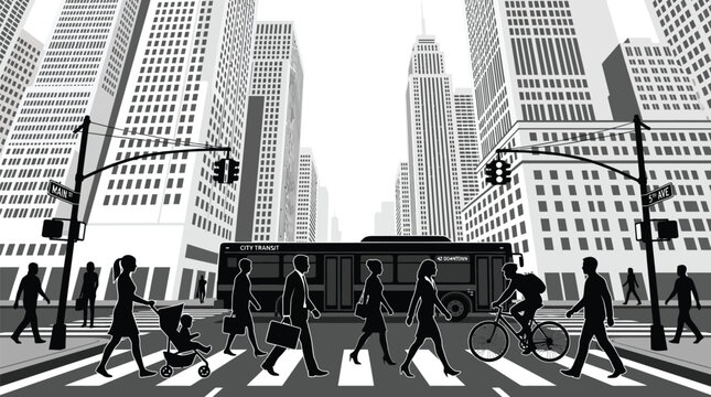 Detailed black and white vector illustration depicting busy city pedestrians crossing a wide urban street intersection
