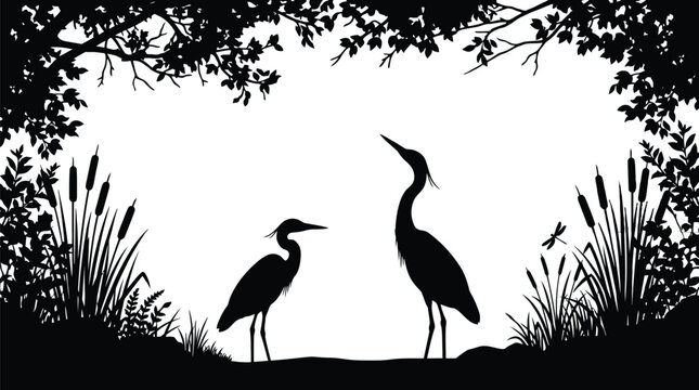 Elegant black vector illustration featuring two graceful herons standing near wetland reeds and lush trees