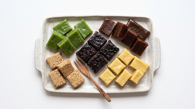 Traditional Indonesian sweet sticky rice cakes, dodol or jenang, in colorful varieties like pandan, sesame, black glutinous rice, and durian arranged on a tray with a wooden fork.