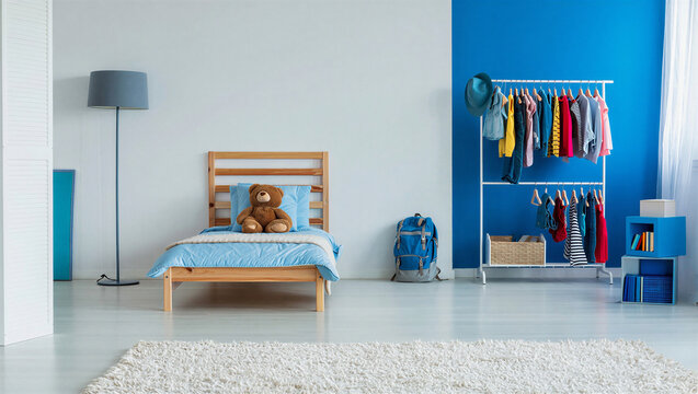 Modern child bedroom with blue accent wall and clothing rack interior clothing furniture