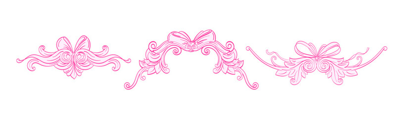 Fototapeta premium Decorative baroque border with elegant silk bow, vintage ornamental design for wedding invitation, victorian style divider with coquette aesthetic and delicate rococo swirls. Vector hand drawn set