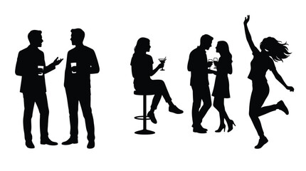 Fototapeta premium Black vector graphic illustration showing various silhouettes of happy people socializing at a vibrant party event