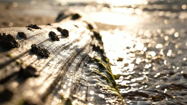 Close-up of weathered wooden log with moss and water reflections.