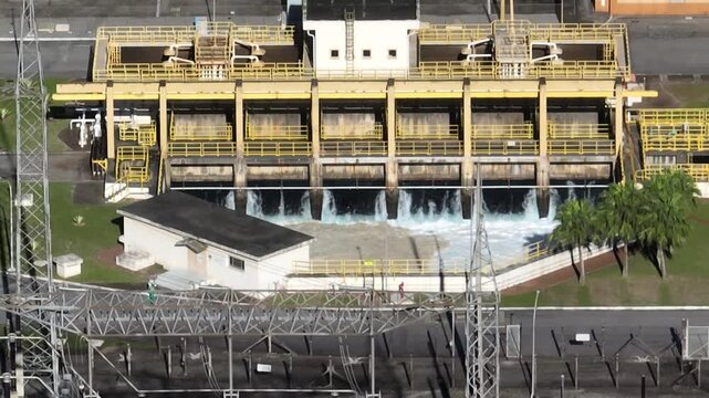 Nuclear energy as an alternative energy source. Operational nuclear power plant. Aerial view. establishing shot.