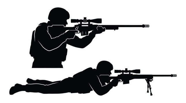 Detailed black vector illustration showing two military snipers aiming rifles in different tactical combat positions