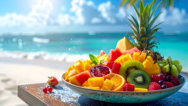 青空が広がる高級ビーチで夏のフルーツ盛り合わせを楽しむ贅沢なリゾート風景