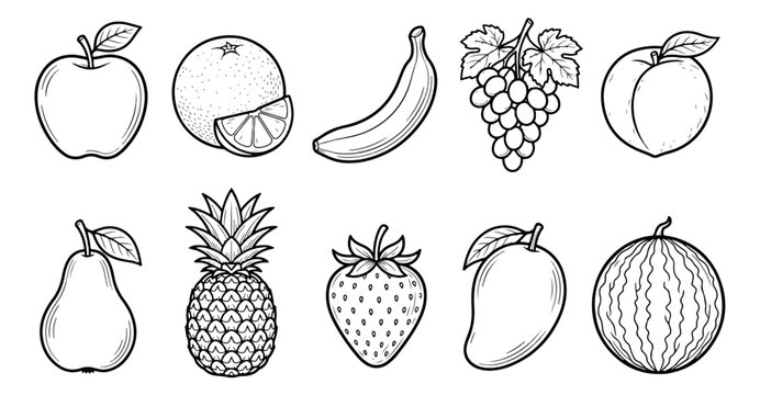 Minimalist fruit line art icons, set of 10 black and white fruit outline illustrations, simple food vector graphics for coloring and design