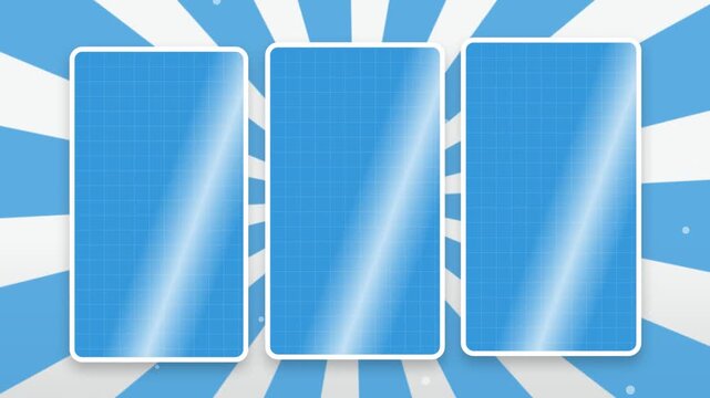 Blank blue grid card placeholders scrolling horizontally in a seamless loop on a dynamic rotating sunburst and arrow background for a modern business presentation or portfolio showcase concept