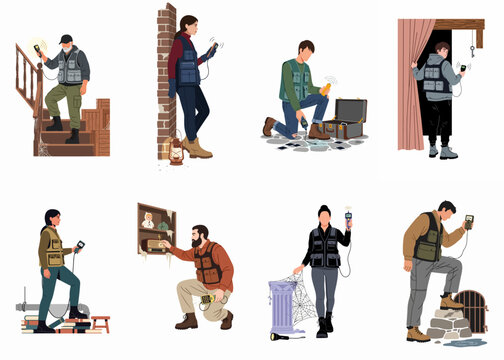 Flat vector illustrations of paranormal investigators and ghost hunters using EMF meters to explore haunted and abandoned locations.