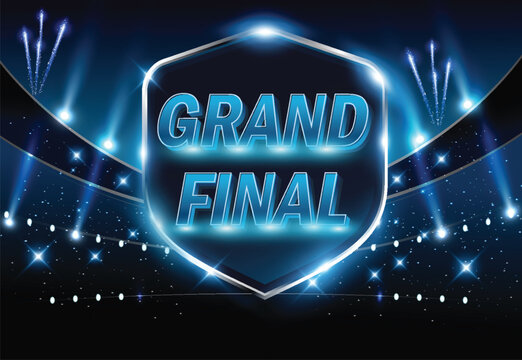 Modern grand final sports championship background with glow metallic emblem and illuminated arena effects