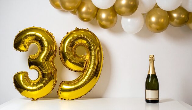 Gold Number 39 Balloon with Champagne Bottle Celebration Setup