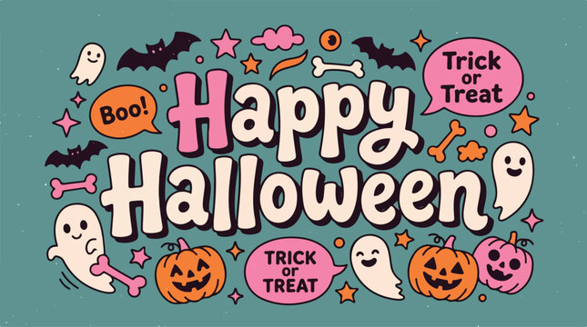 A playful "Happy Halloween" lettering design is surrounded by cute hand-drawn ghosts, pink and orange pumpkins, flying bats, and "Trick or Treat" speech bubbles against a solid teal background