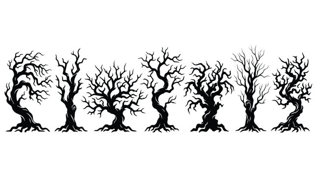 A horizontal row of seven gnarled, leafless spooky black tree silhouettes is isolated on a solid white background. Excellent for designing eerie Halloween party invitations,