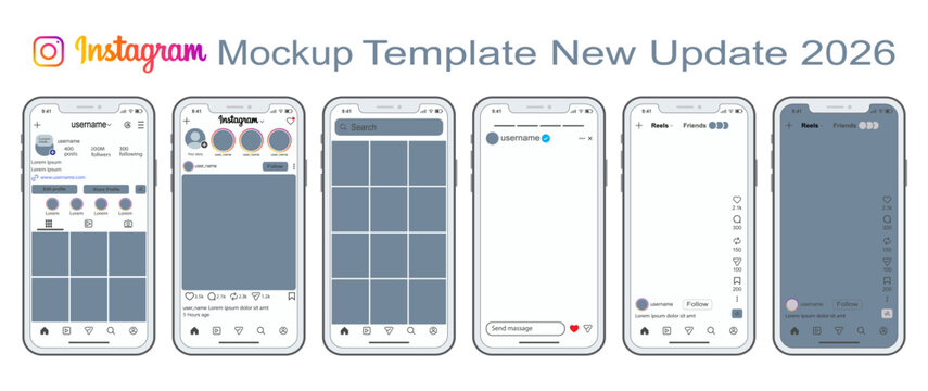 Instagram template social media mockup interface new update 2026. Instagram smartphone mockup featuring design with profile, post, home, search, story and reels screen layout