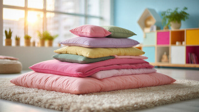 Stack of colorful decorative pillows on a fluffy rug in a cozy sunlit room with cushions, interior