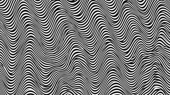 Abstract background with wavy black and white lines, optical illusion pattern, distorted stripes, vector illustration