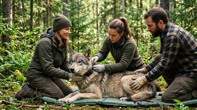 Wildlife scientists collaring a wolf for research