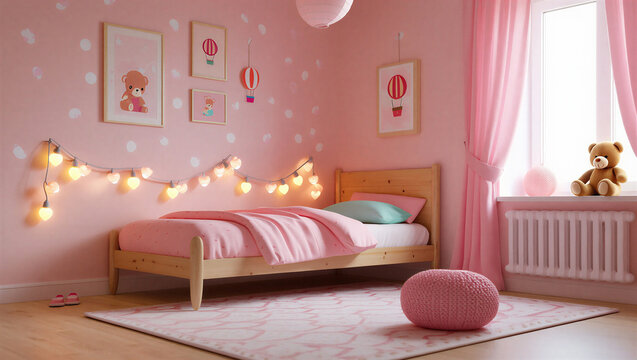 Girlish bedroom interior with heart shaped fairy lights interior furniture lighting lifestyle