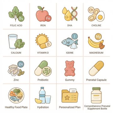Icons represent various prenatal vitamins and supplements important for maternal health and pregnancy nutrition that assist during pregnancy.