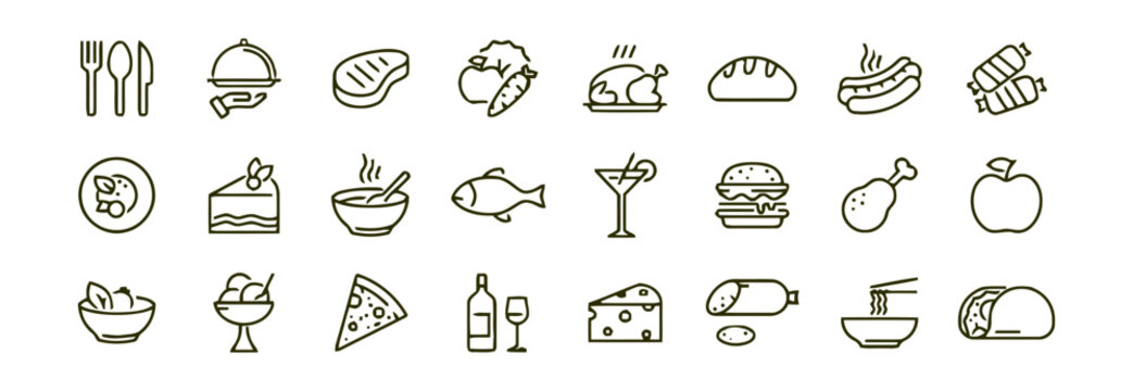 Food icons showcasing diverse culinary delights are arranged in a neat grid on a plain backdrop.