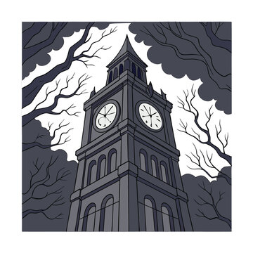 Gothic clock tower, spooky illustration, dark fantasy architecture, eerie landscape