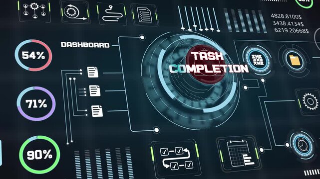Corporate task completion status screen visualizing project operational efficiency with glowing digital percentage charts