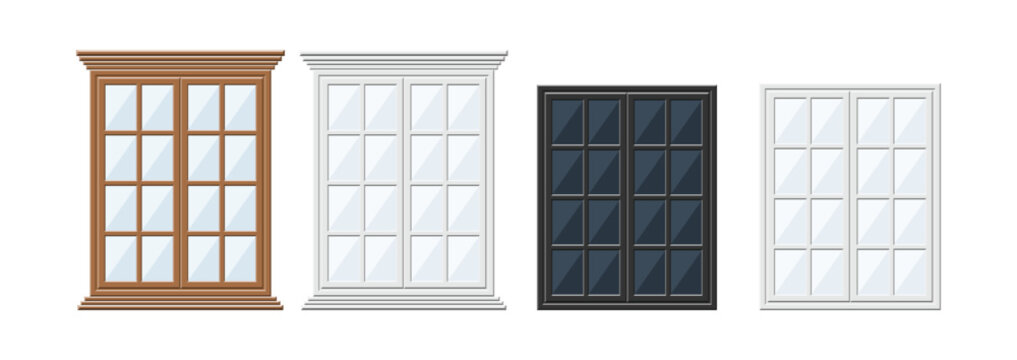 Four 3d Window Frames With Panes Display A Variety Of Colors And Styles Against A White Background architecture building