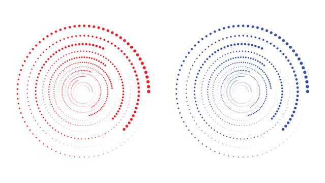 Halftone circle spiral set, vector dot pattern vortex in red and blue color isolated on transparent background, abstract design elements for technology, science, and music concept, EPS10