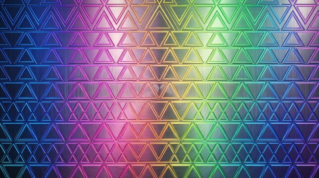 Abstract geometric background with a pattern of triangles in a vibrant rainbow gradient on a brushed metal texture