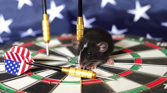 Small black and white rat sits on a dartboard with American flag patterns in the USA while bright sunlight highlights its fur during the afternoon