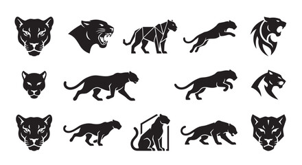 Fototapeta premium Set of black panther silhouettes in various dynamic poses and head profiles with big cat, design element