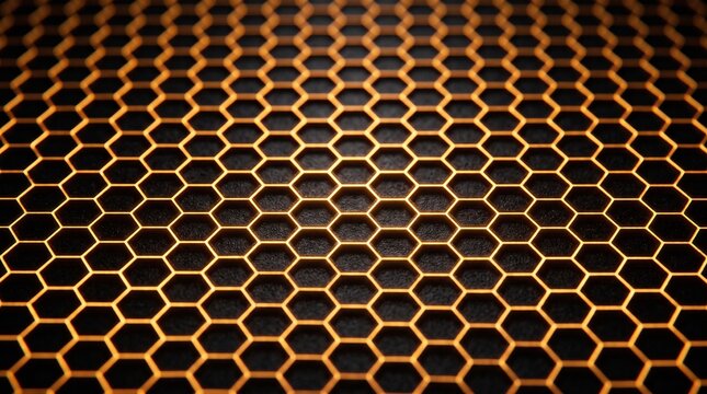 Abstract background with a glowing orange hexagonal grid pattern on a dark textured surface, 3d rendered illustration