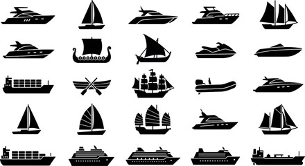 Set of various ship and boat silhouettes icons for maritime transportation with silhouette maritime transport collection navigation shipping transportation isolated logistics © tecna
