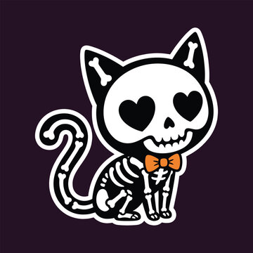 Cute cartoon cat skeleton with heart eyes and orange bow tie