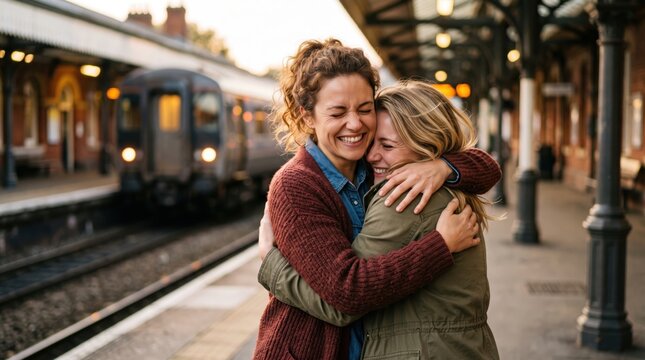 Joyful reunion of friends at train station platform