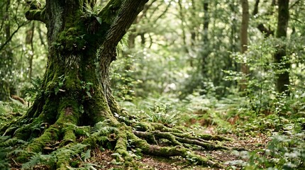 Obraz premium Old mossy tree trunk with spreading roots in a lush green forest